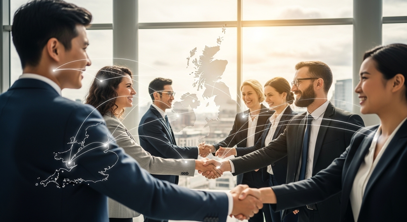A vibrant, detailed, photorealistic image showing a diverse group of business professionals from different countries shaking hands in a modern, sunlit office building, with a subtle overlay of the UK map connecting them, symbolizing global business connections and Foreign Direct Investment flowing into the UK.