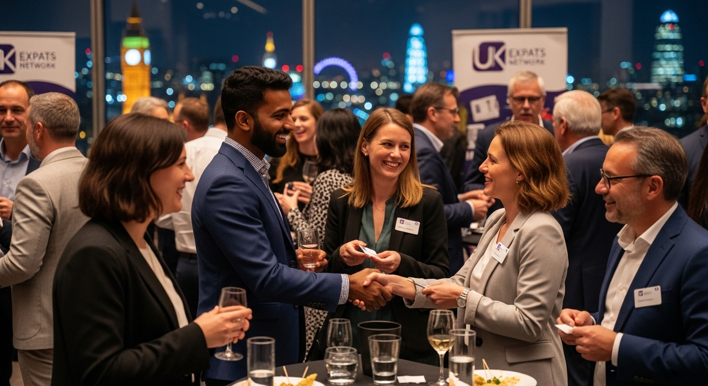 A detailed, photorealistic image of a diverse group of UK expats gathered at a networking event in a bustling international city, smiling and exchanging business cards, with famous UK landmarks subtly visible in the background through a window, symbolizing their global reach and connection to home.