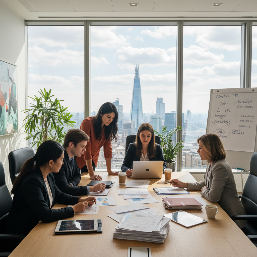 A diverse group of international entrepreneurs are seated around a modern conference table in a bright, stylish office in London, attentively discussing various business structure documents with a legal advisor. The room has large windows overlooking a city skyline, and there's a whiteboard with flowcharts on company types.