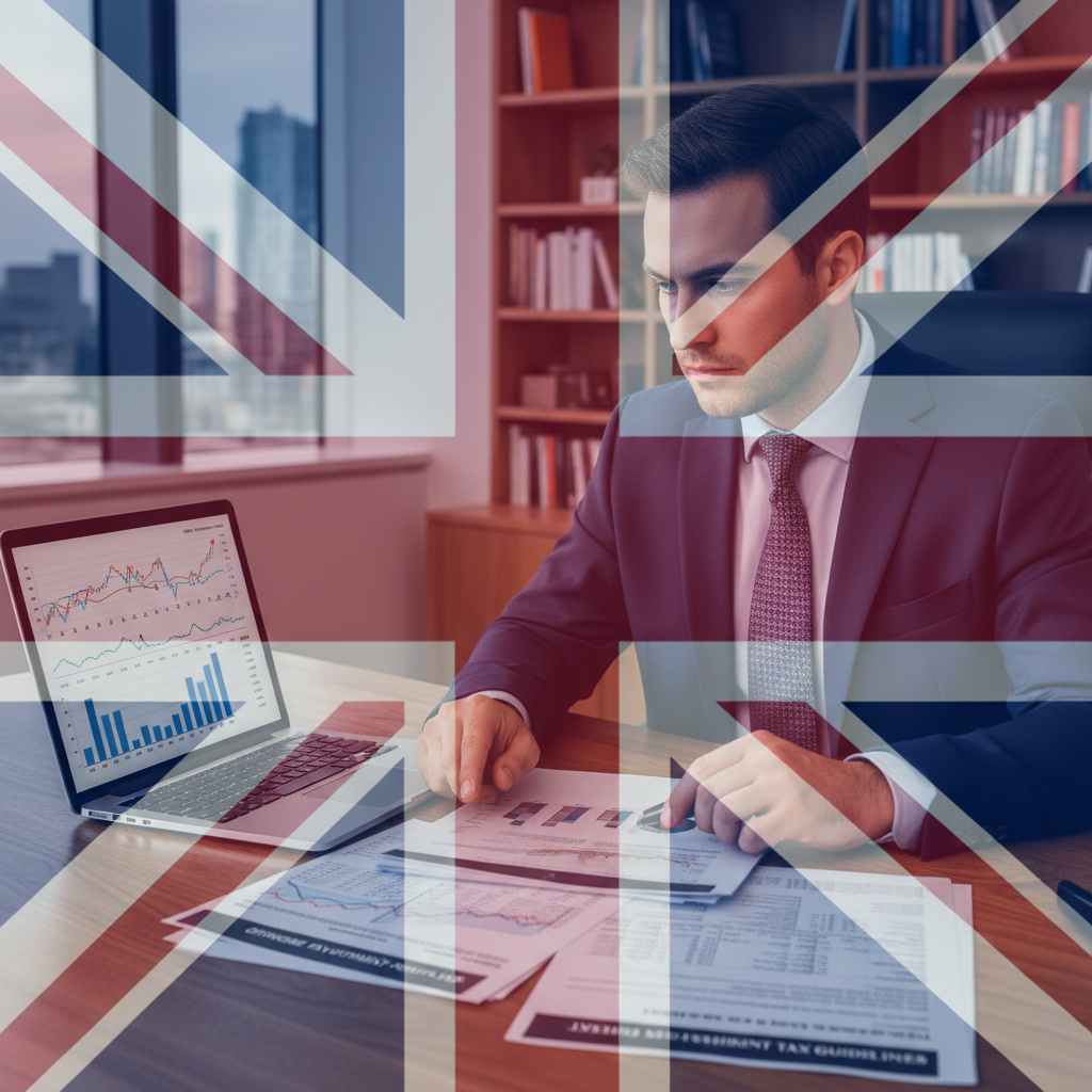 A person with a serious but thoughtful expression, wearing professional attire, is looking intently at various financial documents on a desk, with a laptop displaying charts. A subtle overlay of the UK flag can be seen, symbolizing the financial regulations and tax implications for non-residents.
