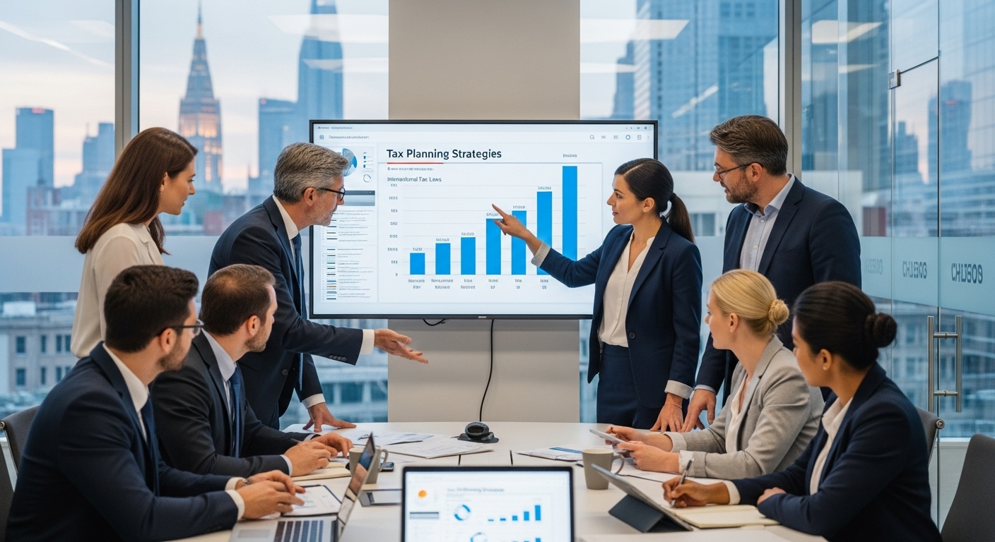 A detailed, photorealistic image of a diverse group of business professionals in a modern, light-filled office space, looking at charts and discussing financial data on a large screen, with one person pointing to a graph showing tax planning strategies. The atmosphere is collaborative and focused, with hints of a global business context.