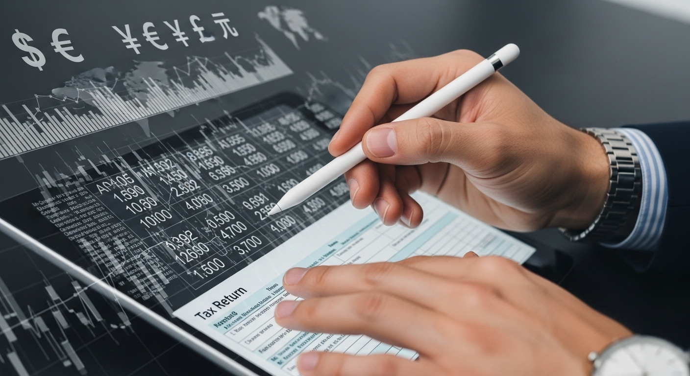 A close-up, photorealistic image of a financial expert's hands holding a stylus, pointing at complex tax codes and figures displayed on a tablet screen, with various international currency symbols and digital graphs in the background, conveying expertise in global financial planning.
