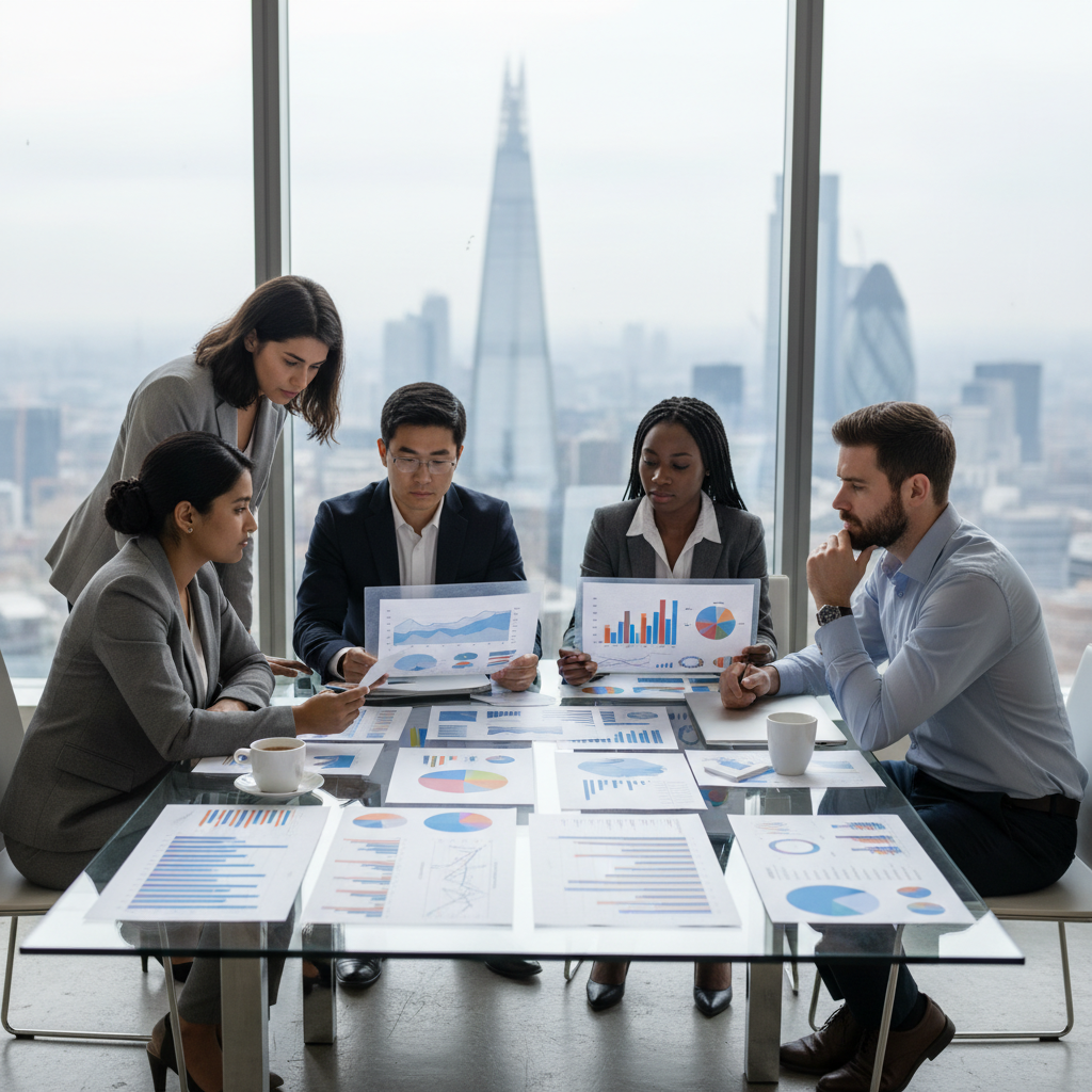 A diverse group of expat business owners looking thoughtfully at complex financial charts and documents, with a slightly overwhelmed but determined expression. The setting is a modern, bright office with a large window showing a blurry London skyline in the background. Photorealistic style, natural lighting.