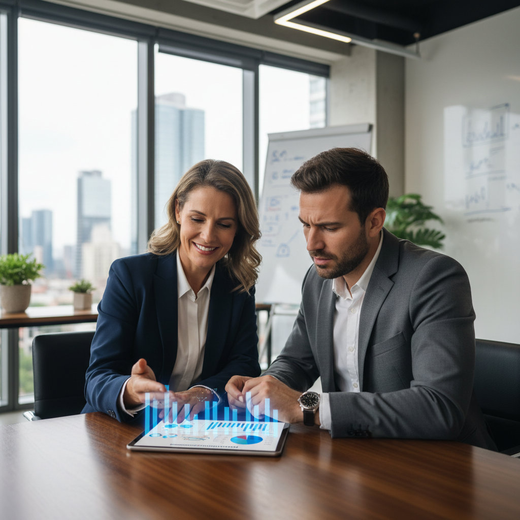 A professional, friendly expat financial advisor (a woman in her 40s) confidently explaining complex financial concepts to an expat business owner (a man in his 30s) at a sleek office desk. They are both looking at a tablet displaying graphs and figures, with a collaborative and understanding atmosphere. The office is modern and well-lit. Photorealistic and detailed.