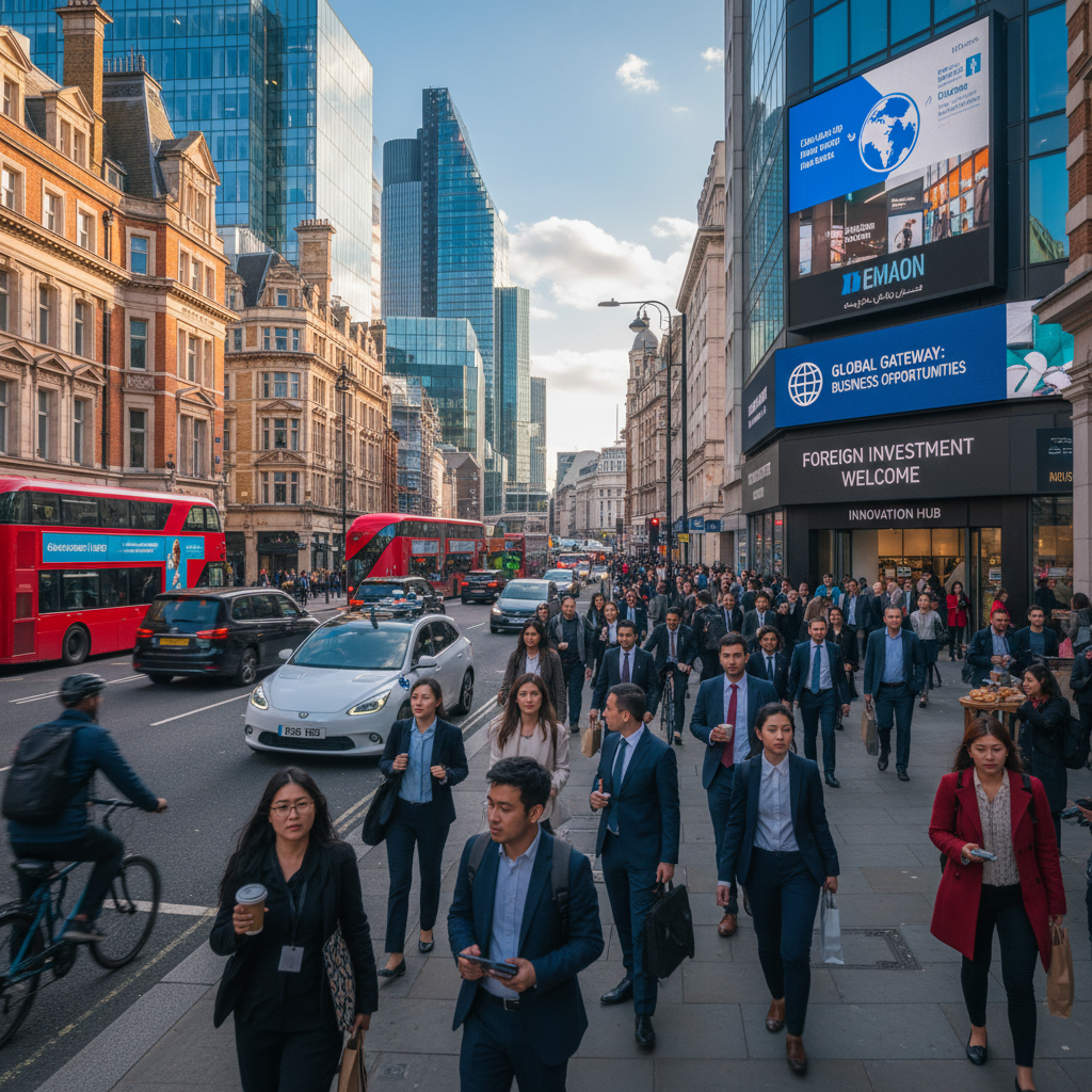 A vibrant, bustling street scene in a major UK city like London or Manchester, showcasing diverse people, iconic architecture, and a sense of economic activity and opportunity for foreign businesses.