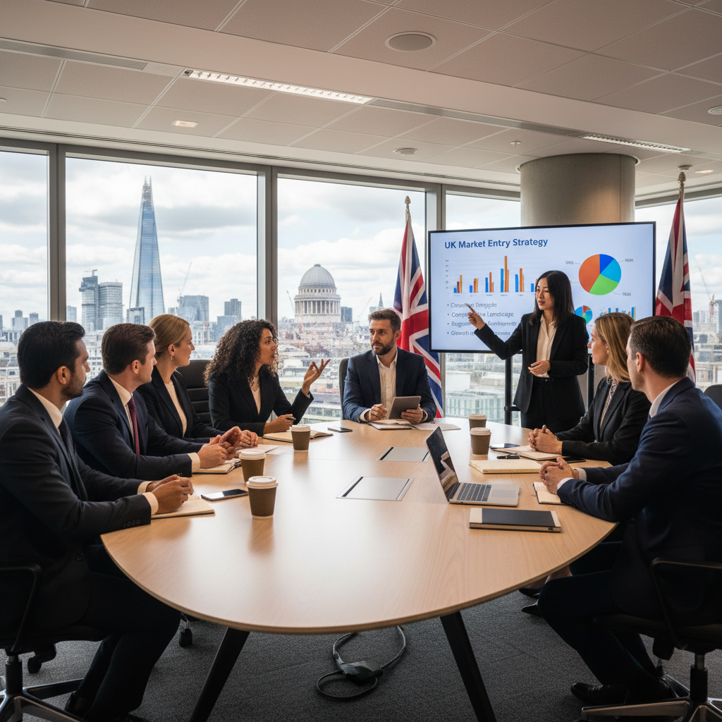 A professional meeting happening in a modern office space in London, with diverse business people (some appearing foreign, some local) discussing a UK market entry strategy, with charts and graphs on a screen in the background.