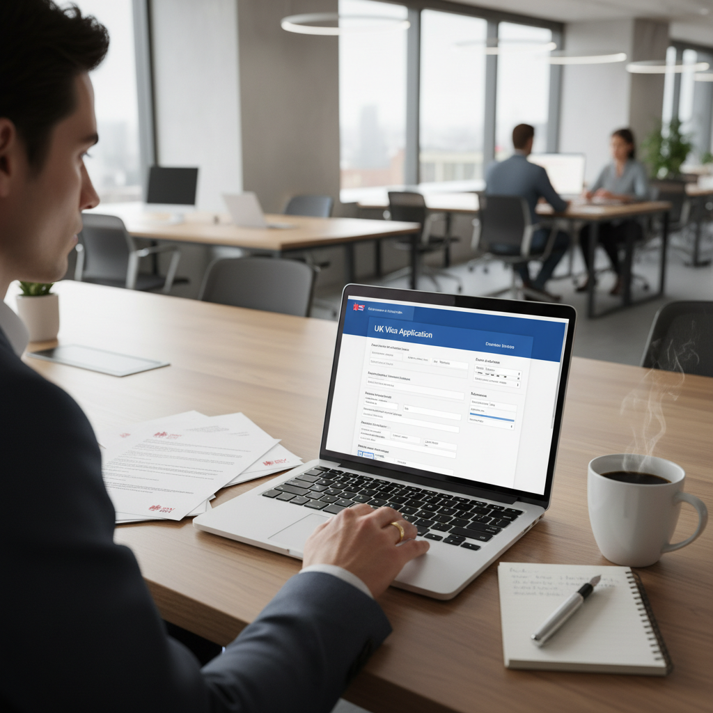A detailed, photorealistic image showing a person in a modern office setting reviewing UK visa application documents on a laptop, with a cup of coffee and a pen nearby, conveying focus and diligence.