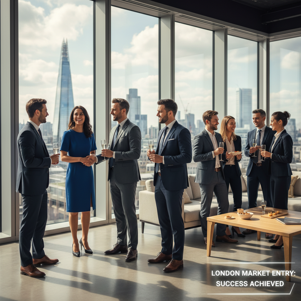 A vibrant, photorealistic image of a diverse group of business professionals networking and smiling in a modern, light-filled London office building, with the city skyline visible through large windows, symbolizing successful market entry.