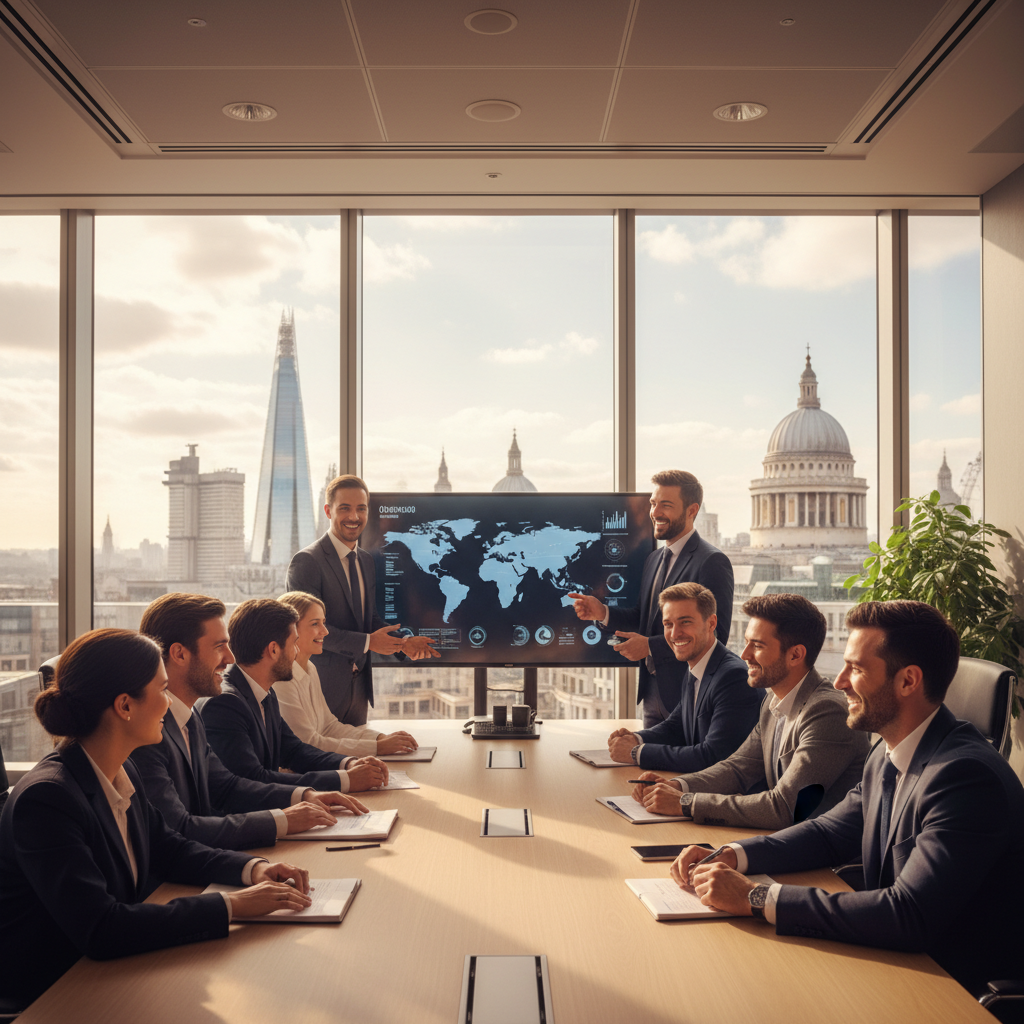 A diverse group of business professionals from around the world smiling and collaborating in a modern, sunlit office building in London, with iconic UK landmarks visible in the blurred background. The scene is bright and professional, conveying global connectivity and opportunity.