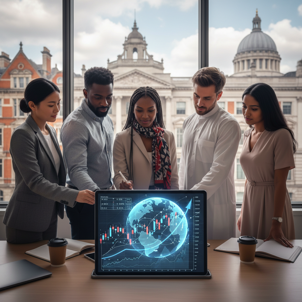 A diverse group of people, representing various nationalities, looking at a financial chart on a digital tablet with a globe overlay. The scene should be modern, professional, and slightly relaxed, with hints of UK architecture in the background.