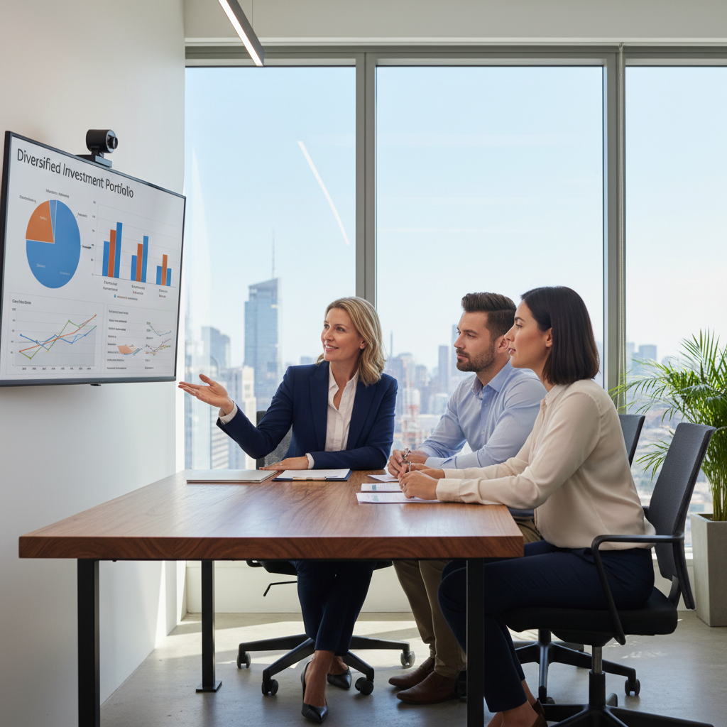 A professional financial advisor in a modern office setting, discussing documents with an expat couple. The advisor is pointing to a screen showing a diversified investment portfolio. The mood is calm, trustworthy, and informative.