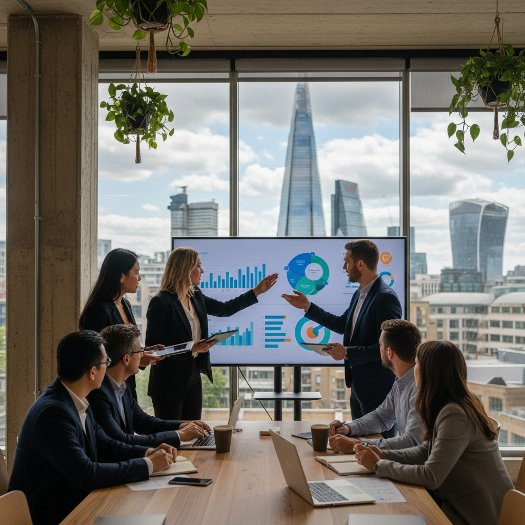 A diverse group of international business professionals in a modern, well-lit co-working space in London, collaborating around a large screen displaying charts and business plans. The atmosphere is dynamic and innovative, with London's iconic skyline subtly visible through a window in the background. Photorealistic, high-resolution.