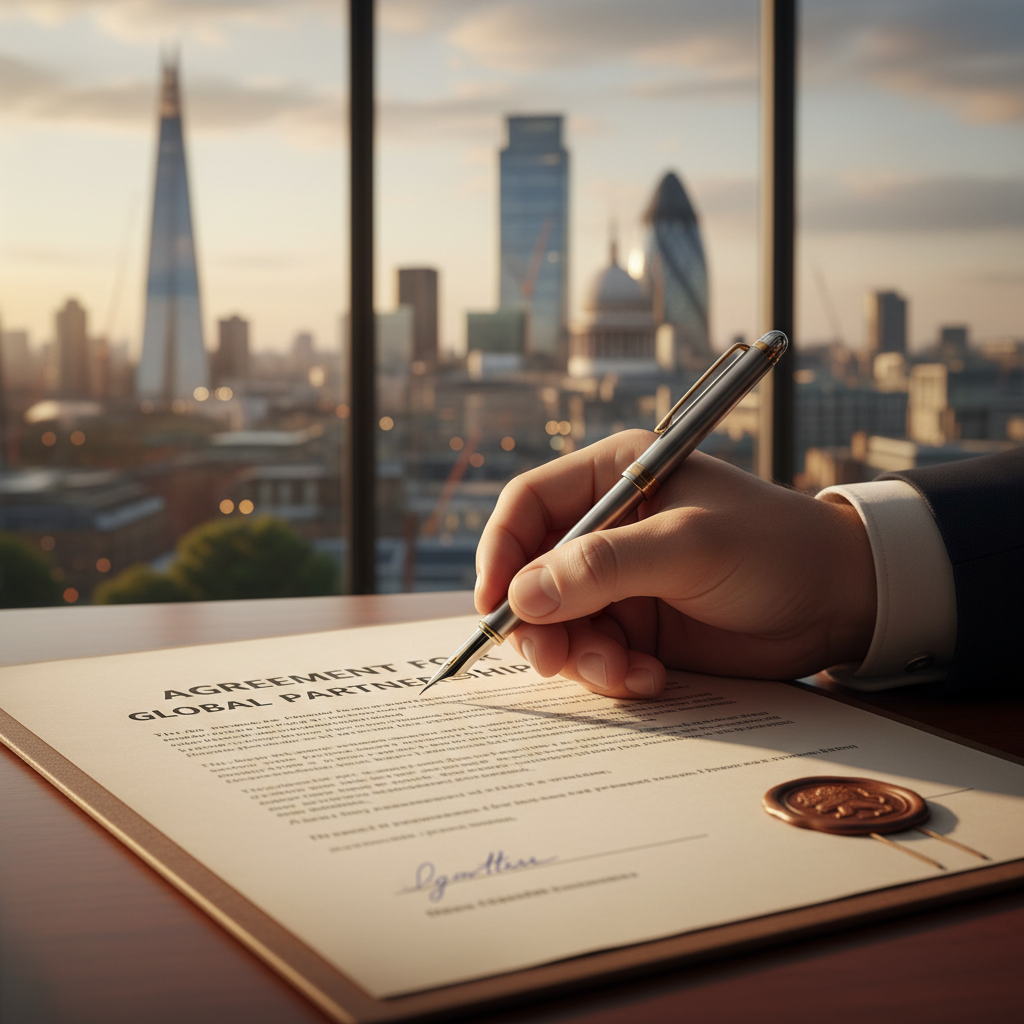 A close-up shot of a hand signing a business contract with a sophisticated London skyline visible softly in the background through an office window. The pen is elegant, and the document is official-looking. The overall impression is one of accomplishment and formal agreement in a high-stakes business environment. Photorealistic, shallow depth of field.