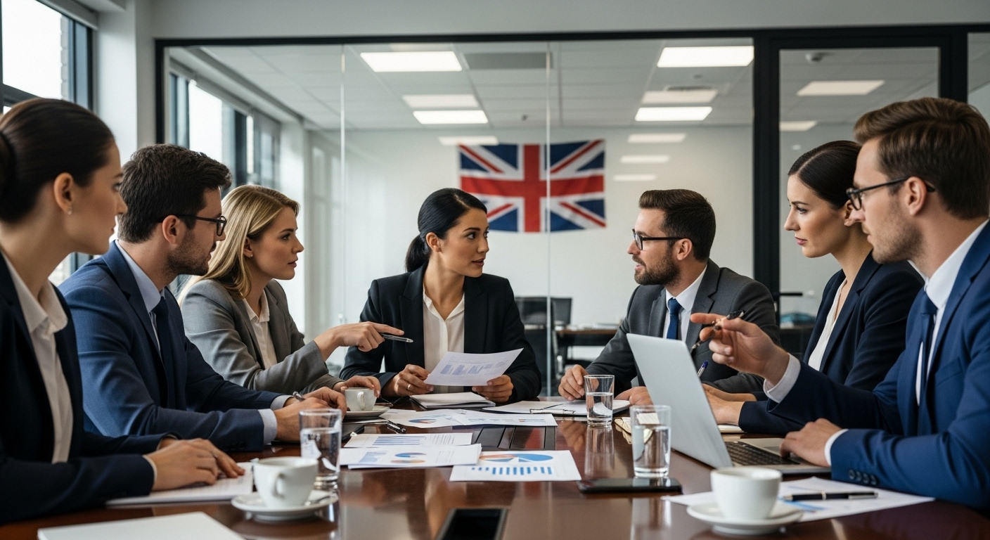 A diverse group of business professionals from different countries collaborating around a table in a modern office, with a UK flag subtly visible in the background, discussing financial documents. The image should be photorealistic and professionally lit.