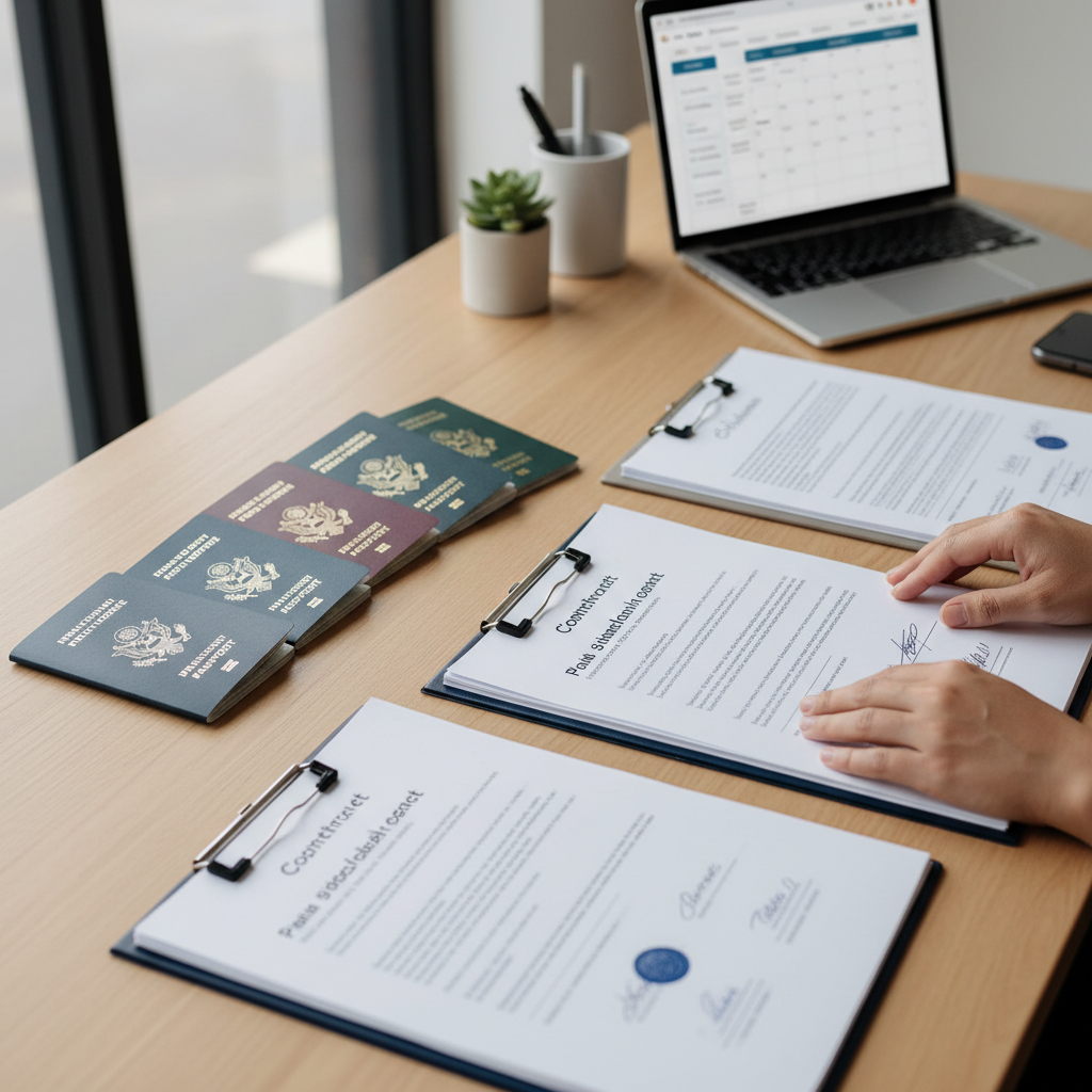 A close-up, high-angle shot of a person's hands meticulously organizing various official business documents and passports on a modern desk, with a laptop open in the background. The scene is clean, organized, and professional, conveying the importance of preparation. The image should be photorealistic with natural lighting.
