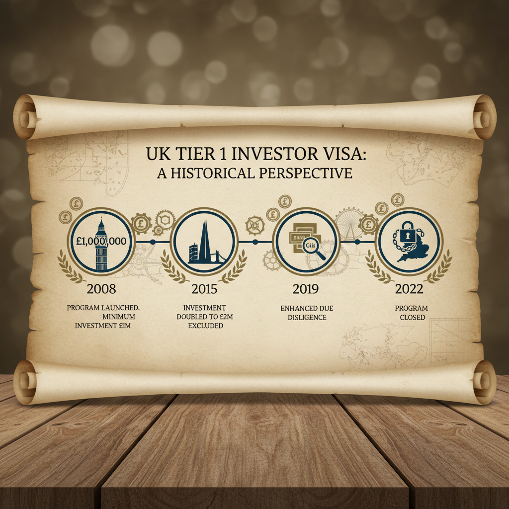A historical infographic showing a timeline of the UK Tier 1 Investor Visa program, with pound symbols and images of key London landmarks. The infographic has a sophisticated, slightly vintage design.
