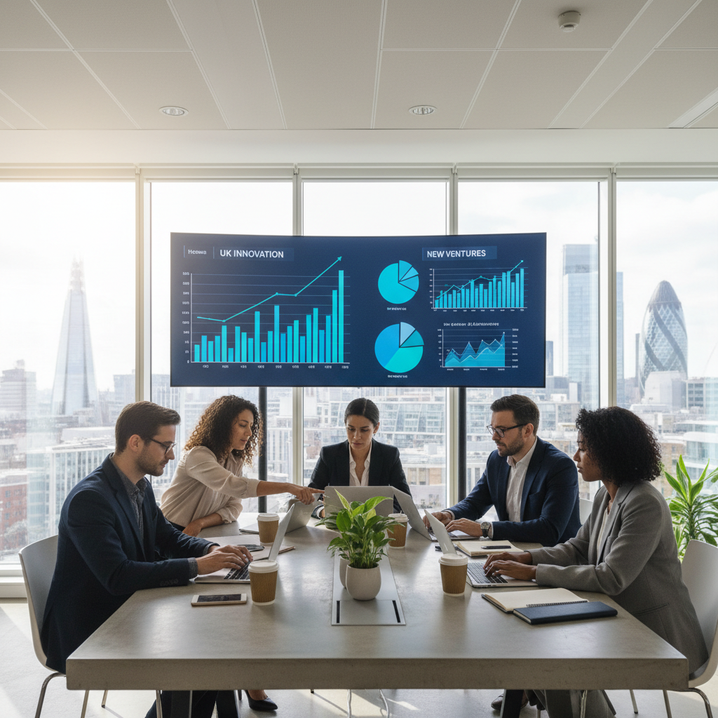 A modern, diverse group of entrepreneurs in a sleek, co-working space in a vibrant UK city. They are collaboratively working on laptops and tablets, with charts and graphs on a digital display in the background, symbolizing innovation and new business ventures in the UK. The scene is bright and optimistic.