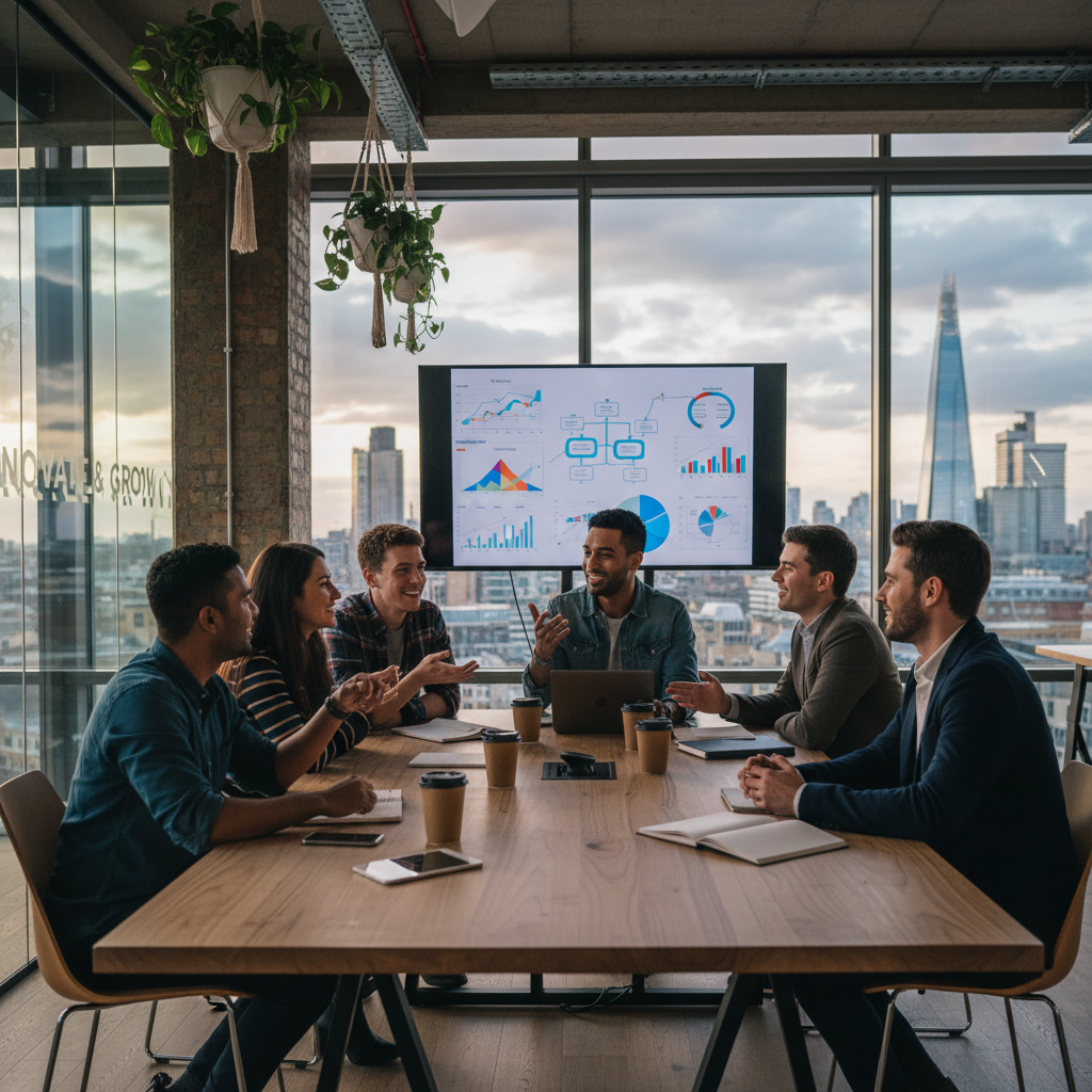 A diverse group of young, enthusiastic entrepreneurs from various backgrounds collaborating in a modern, brightly lit co-working space in a vibrant UK city, with a blurred London skyline in the background, showcasing innovation and growth. Photorealistic, high-resolution.