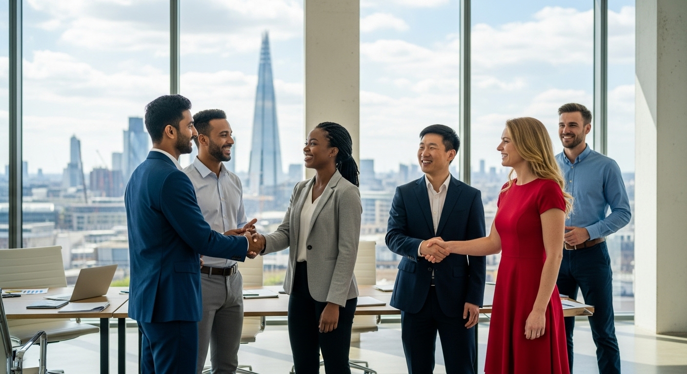 A diverse group of expat business owners smiling and shaking hands in a modern, light-filled office space in London, UK, with a subtle cityscape in the background. Photorealistic style.