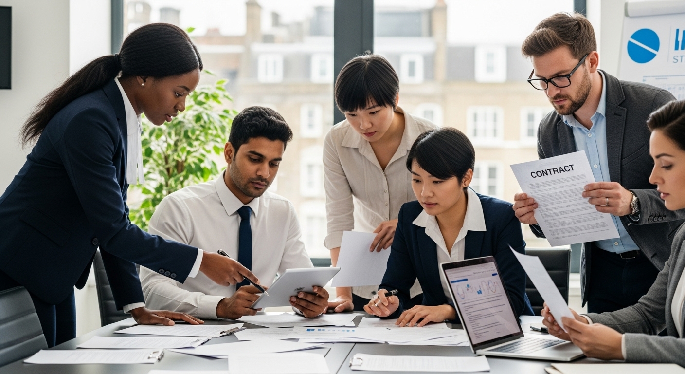 A diverse group of expat professionals, including a lawyer and an accountant, reviewing financial documents and contracts on a tablet and laptop, with a focus on details and serious expressions, inside a modern UK office. Photorealistic style.